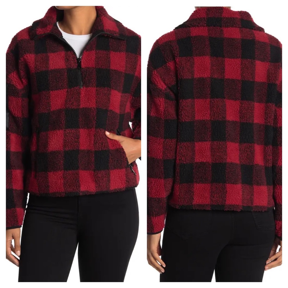 Boundless North Buffalo Check Zip Neck Berber Jacket Black Red Size Medium